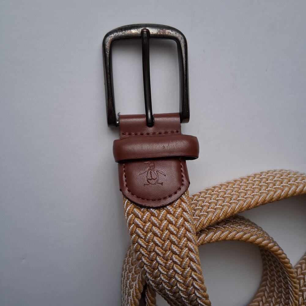 Penguin Braided Men's Stretch Belt Tan and Brown Leather Trim Woven M- 34-36